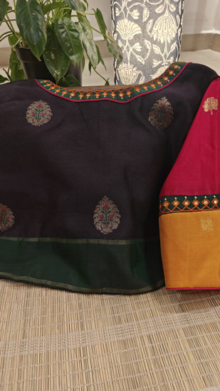 A Blaze of Red & Yellow on Charcoal Muga silk