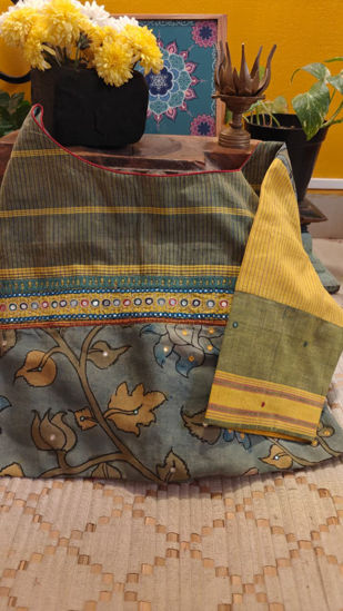 Pastel Blue Kalamkari & Yellow Kandangi — Mirror Work